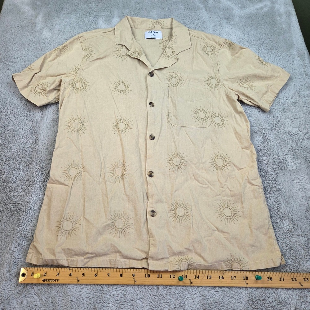 Old Navy Linen Cotton Sunburst Embroidered Button Down Shirt Men S Tan Beige 79c